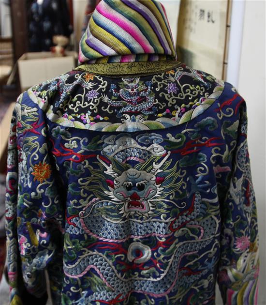 A Chinese embroidered silk dragon robe, 20th century, collar altered